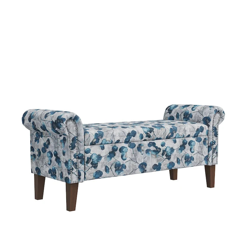 Traditional Rolled Arm Storage Bench Ottoman with Nailheads
