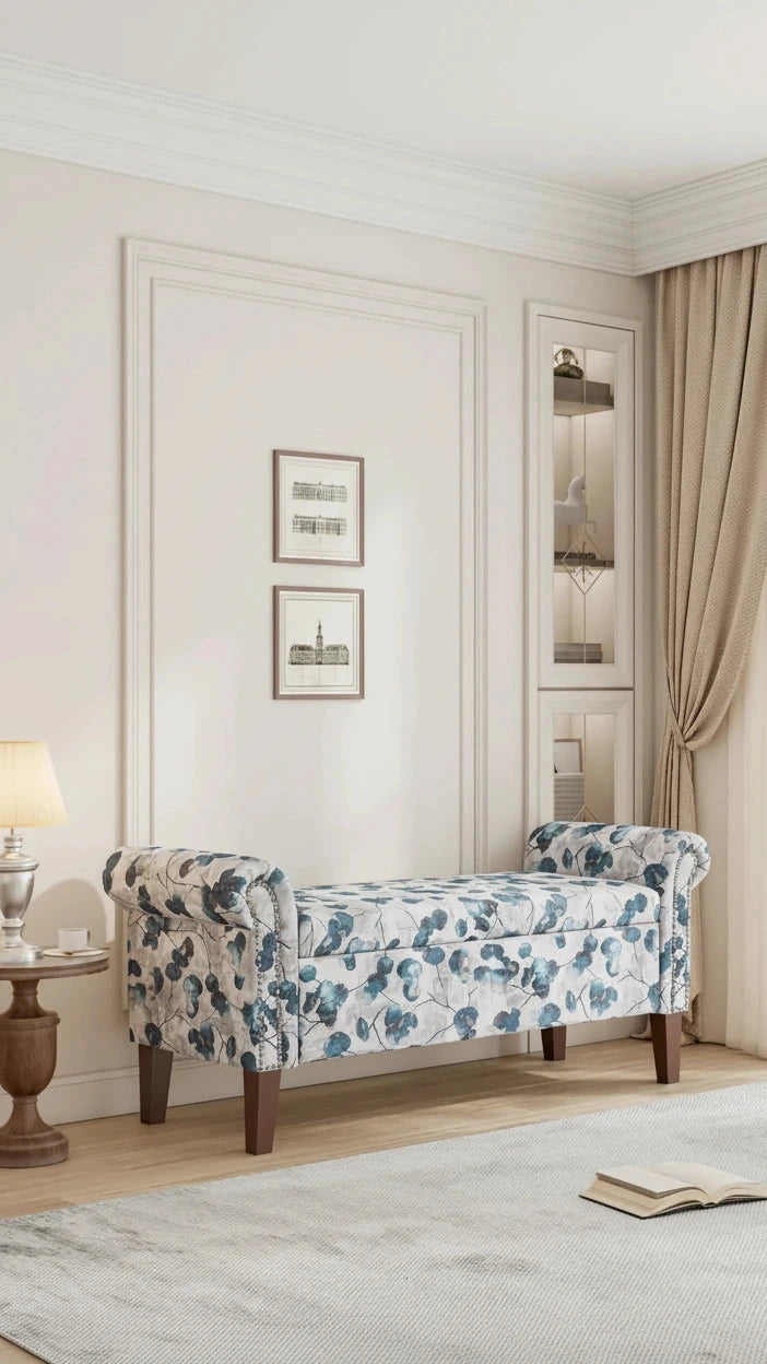 Traditional Rolled Arm Storage Bench Ottoman with Nailheads