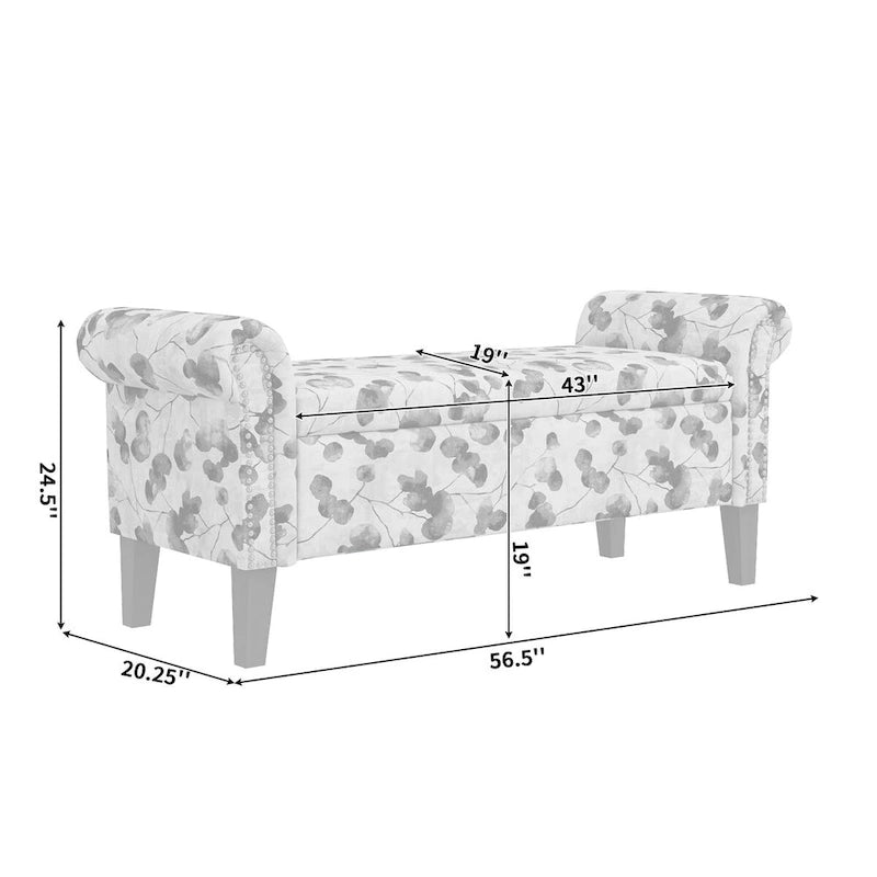 Traditional Rolled Arm Storage Bench Ottoman with Nailheads